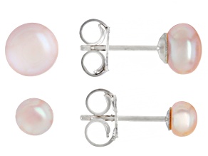 Pink Cultured Freshwater Pearl Rhodium Over Sterling Silver Stud Earring Set