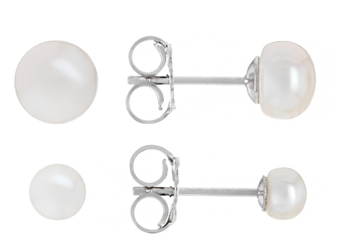 White Cultured Freshwater Pearl Rhodium Ove Sterling Silver Stud Earring Set