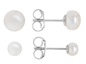 White Cultured Freshwater Pearl Rhodium Ove Sterling Silver Stud Earring Set