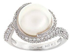 White Cultured Freshwater Pearl With Cubic Zirconia Rhodium Over Sterling Silver Ring