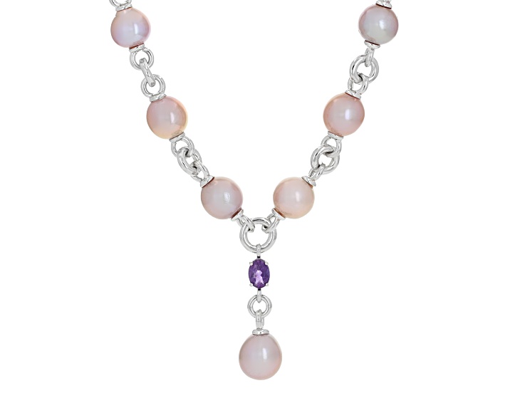 10-13mm Pink Cultured Kasumiga Pearl With Amethyst Rhodium Over