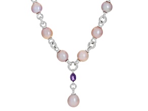 10-13mm Pink Cultured Kasumiga Pearl With Amethyst Rhodium Over Sterling Silver 18 Inch Necklace