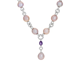 Picture of 10-13mm Pink Cultured Kasumiga Pearl With Amethyst Rhodium Over Sterling Silver 18 Inch Necklace