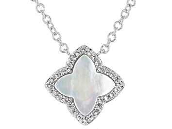 Picture of White South Sea Mother-Of-Pearl With Lab Created Sapphire Rhodium Over Brass 18 Inch Necklace