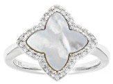 White South Sea Mother-Of-Pearl With 0.23ctw Lab Created White Sapphire Rhodium Over Brass Ring