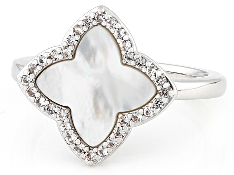 White South Sea Mother-Of-Pearl With 0.23ctw Lab Created White Sapphire Rhodium Over Brass Ring