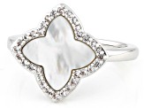 White South Sea Mother-Of-Pearl With 0.23ctw Lab Created White Sapphire Rhodium Over Brass Ring
