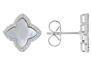 White South Sea Mother-Of-Pearl With 0.23ctw Lab Created White Sapphire Rhodium Over Brass Earrings