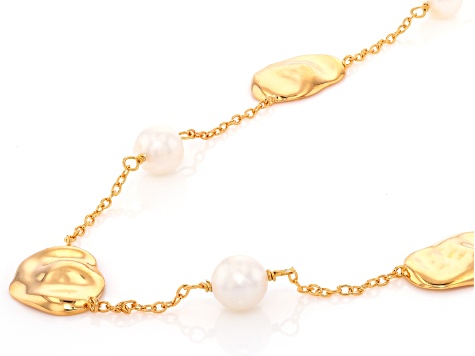 White Cultured Freshwater Pearl 14k Yellow Gold Over Sterling SIlver 16 Inch Necklace