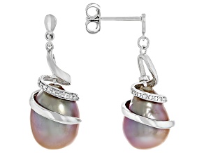 Lavender Cultured Kasumiga Pearl With Cubic Zirconia Rhodium Over Sterling Silver Earrings