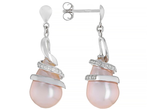Light Pink Cultured Kasumiga Pearl With Cubic Zirconia Rhodium