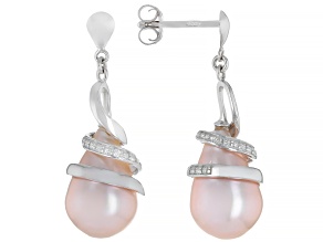 Light Pink Cultured Kasumiga Pearl With Cubic Zirconia Rhodium Over Sterling Silver Earrings
