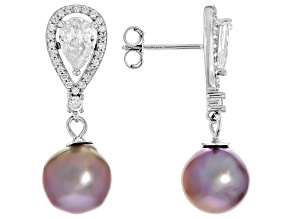 Lavender Cultured Kasumiga Pearl With Cubic Zirconia Rhodium Over Sterling Silver Earrings