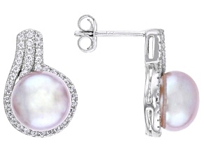 Lavender Cultured Kasumiga Pearl With Cubic Zirconia Rhodium Over Sterling Silver Earrings