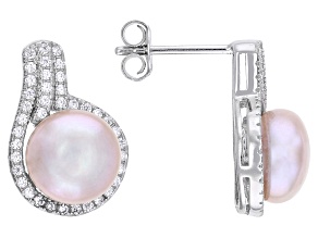 Pink Cultured Kasumiga Pearl With Cubic Zirconia Rhodium Over Sterling Silver Earrings