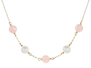 White Cultured Freshwater Pearl With Morganite 14k Yellow Gold 18 Inch Necklace