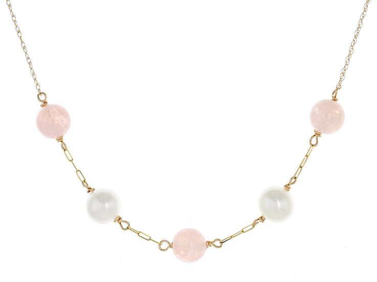 White Cultured Freshwater Pearl With Morganite 14k Yellow Gold 18 Inch Necklace