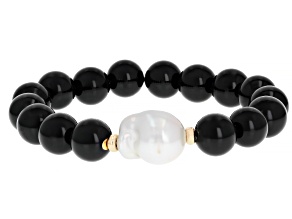 Genusis ™ White Cultured Freshwater Pearl With Black Agate 14k Yellow Gold Stretch Bracelet