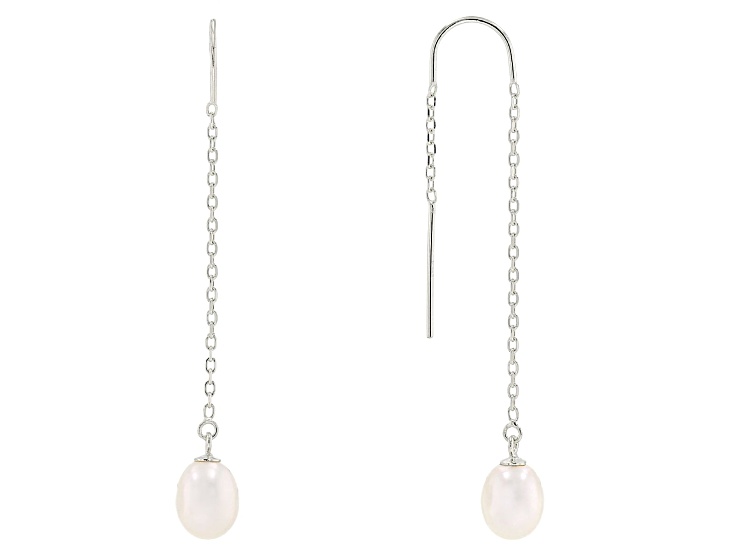 White Cultured Freshwater Pearl Rhodium Over Sterling Silver Earrings