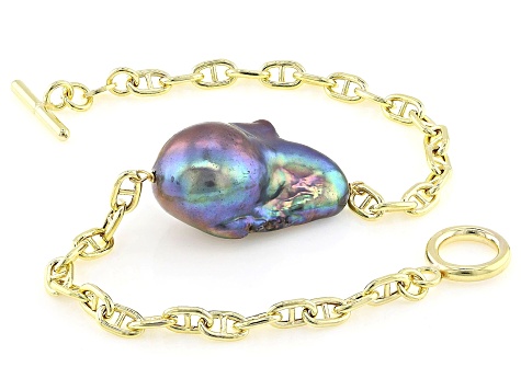 Genusis™ Black Cultured Freshwater Pearl 18k Yellow Gold Over Sterling Silver Bracelet