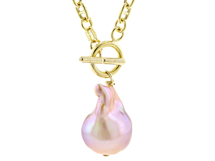 Genusisâ„¢ Pink Cultured Freshwater Pearl 18k Yellow Gold Over Sterling Silver Toggle Necklace