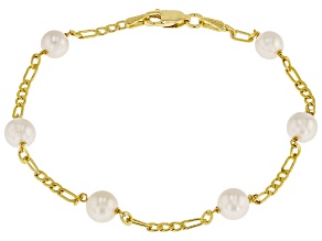 White Cultured Freshwater Pearl 18k Yellow Gold Over Sterling Silver Station Bracelet