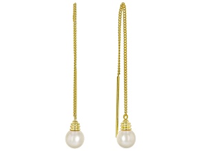 White Cultured Freshwater Pearl 18k Yellow Gold Over Silver Earrings
