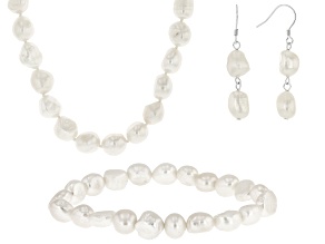 White Cultured Freshwater Pearl Rhodium Over Silver 18 Inch Strand, Earrings, & Bracelet Set