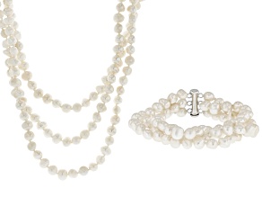 White Cultured Freshwater Pearl Sterling Silver 18 Inch Necklace & Bracelet Set