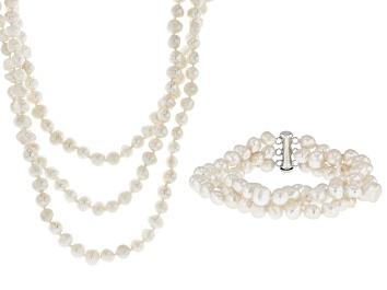 Picture of White Cultured Freshwater Pearl Sterling Silver 18 Inch Necklace & Bracelet Set