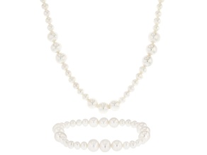 White Cultured Freshwater Pearl Rhodium Over Sterling Silver 18 Inch Strand & Bracelet Set