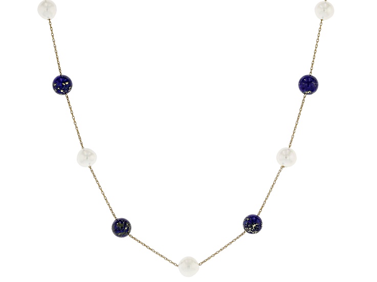 White Cultured Freshwater Pearl With Lapis Lazuli 14k Yellow Gold Necklace