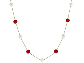 Cultured Freshwater Pearl With Coral 14k Yellow Gold Necklace