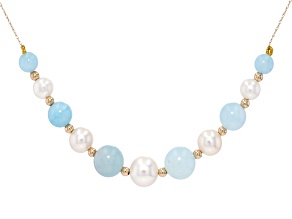 White Cultured Freshwater Pearl With Aquamarine 14k Yellow Gold 18 Inch Necklace