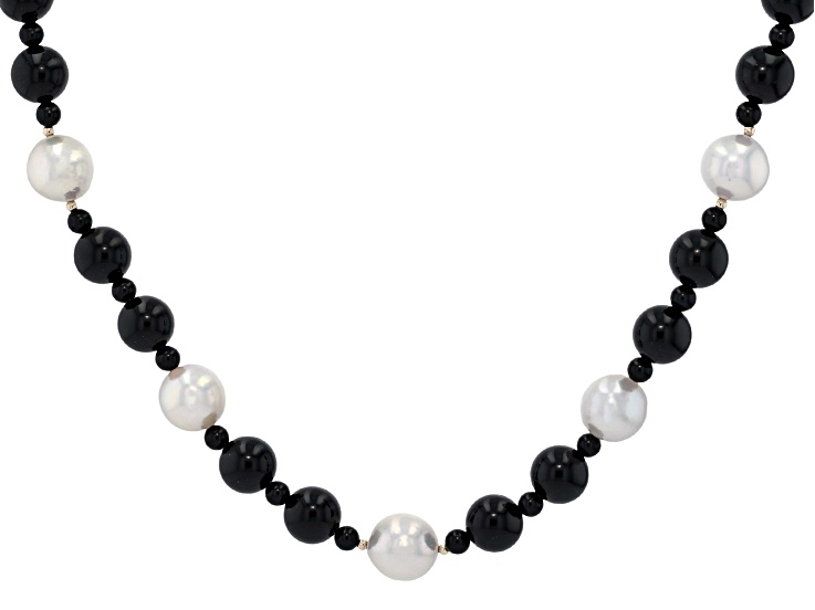 Genusisâ„¢ White Cultured Freshwater Pearl With Black Agate 14k Yellow Gold 18 Inch Necklace