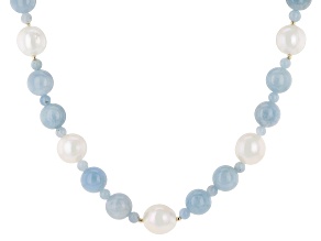 Genusis™ White Cultured Freshwater Pearl With Aquamarine 14k Yellow Gold 18 Inch Necklace
