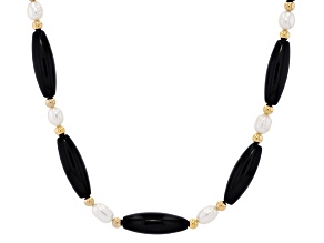 White Cultured Freshwater Pearl With Black Agate 14k Yellow Gold Over Silver 18 Inch Necklace