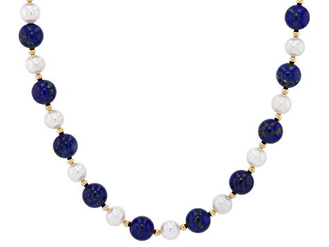 White Cultured Freshwater Pearl With Lapis Lazuli 14k Yellow Gold Over Silver 18 Inch Necklace