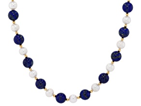 White Cultured Freshwater Pearl With Lapis Lazuli 14k Yellow Gold Over Silver 18 Inch Necklace