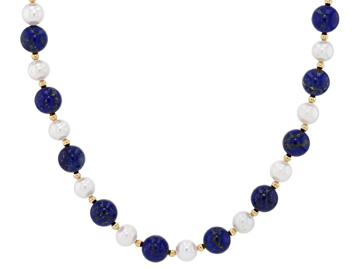 White Cultured Freshwater Pearl With Lapis Lazuli 14k Yellow Gold
