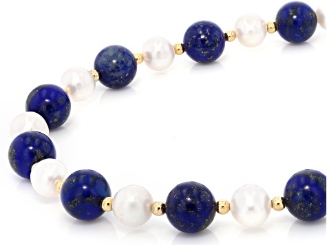 White Cultured Freshwater Pearl With Lapis Lazuli 14k Yellow Gold Over Silver 18 Inch Necklace