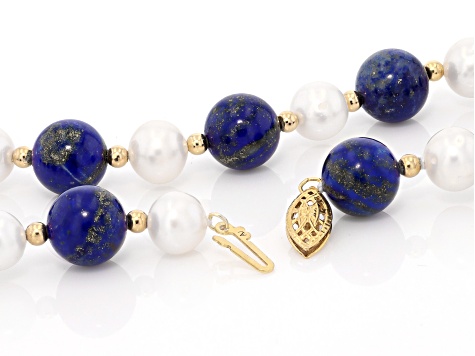 White Cultured Freshwater Pearl With Lapis Lazuli 14k Yellow Gold Over Silver 18 Inch Necklace