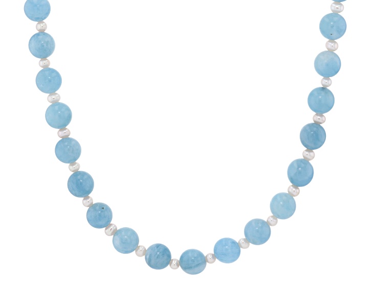 White Cultured Freshwater Bitsy Pearl With Aquamarine 14k Yellow Gold 18 Inch Necklace