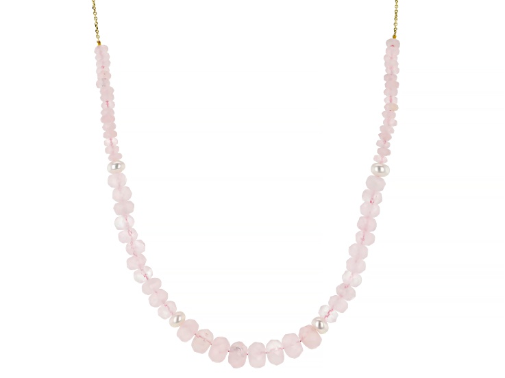 White Cultured Freshwater Pearl With Rose Quartz 14k Yellow Gold Over Silver 18 Inch Necklace
