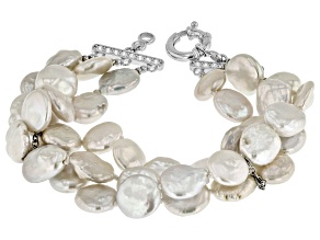 White Cultured Freshwater Pearl Rhodium Over Sterling Silver Bracelet