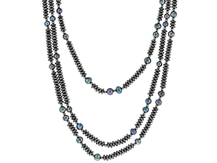 Black Cultured Freshwater Pearl With Hematine Rhodium Over Sterling Silver 19.5 Inch Necklace