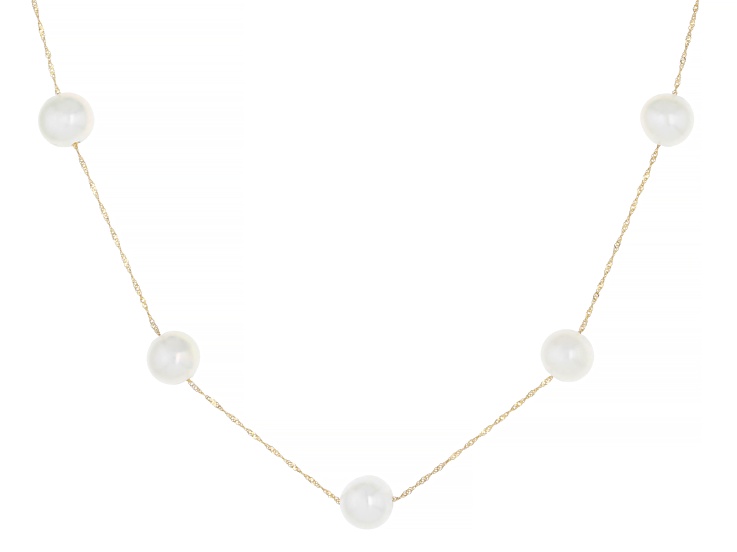White Cultured Freshwater Pearl 14k Yellow Gold 18 Inch Station Necklace