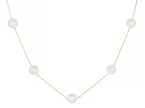 White Cultured Freshwater Pearl 14k Yellow Gold 18 Inch Station Necklace