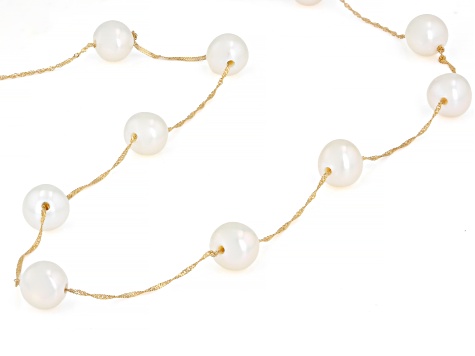 White Cultured Freshwater Pearl 14k Yellow Gold 18 Inch Station Necklace
