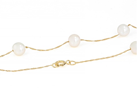 White Cultured Freshwater Pearl 14k Yellow Gold 18 Inch Station Necklace